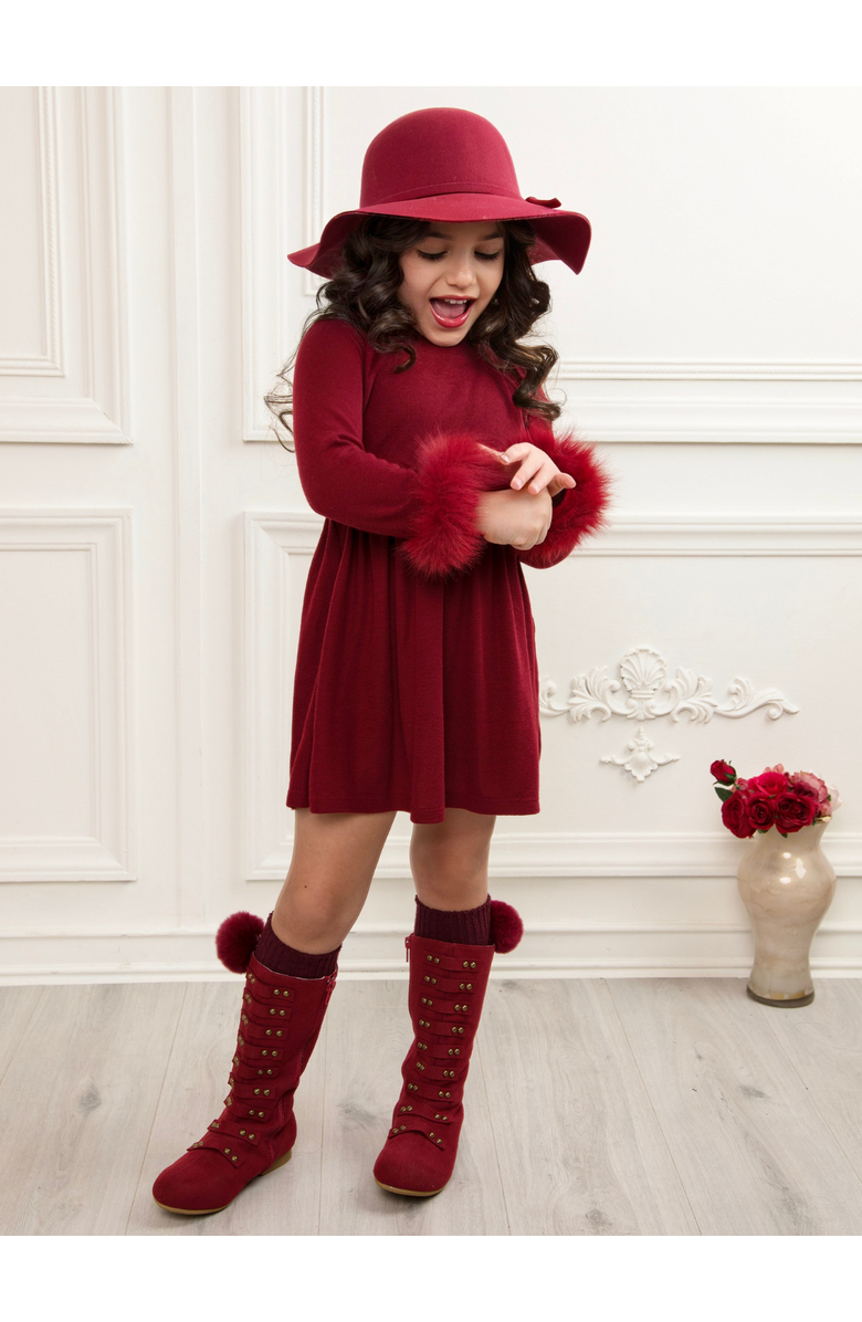 Mia Belle Girls Cranberry Frost  Dress with Luxe Cuffs, Alternate, color, Burgundy