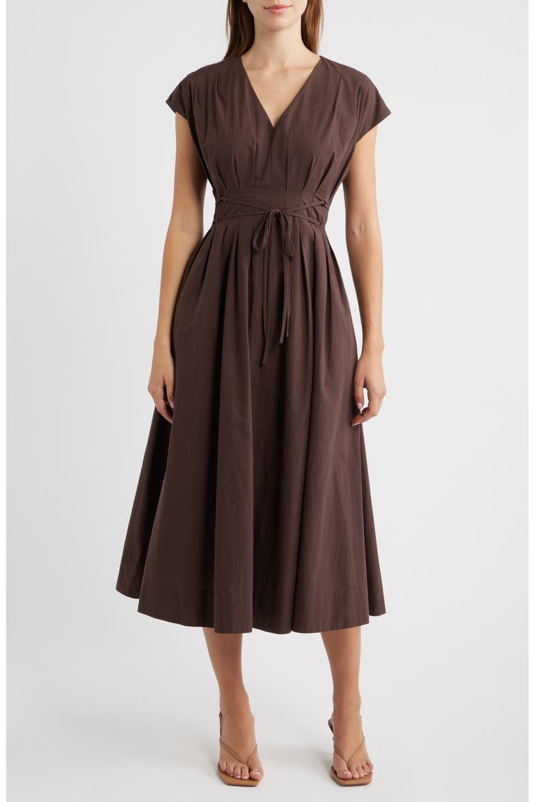 Pleated V-Neck Midi Dress, Main, color, DARK BROWN