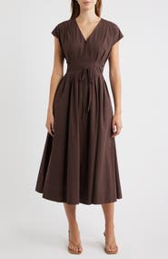 MOON RIVER Pleated V-Neck Midi Dress