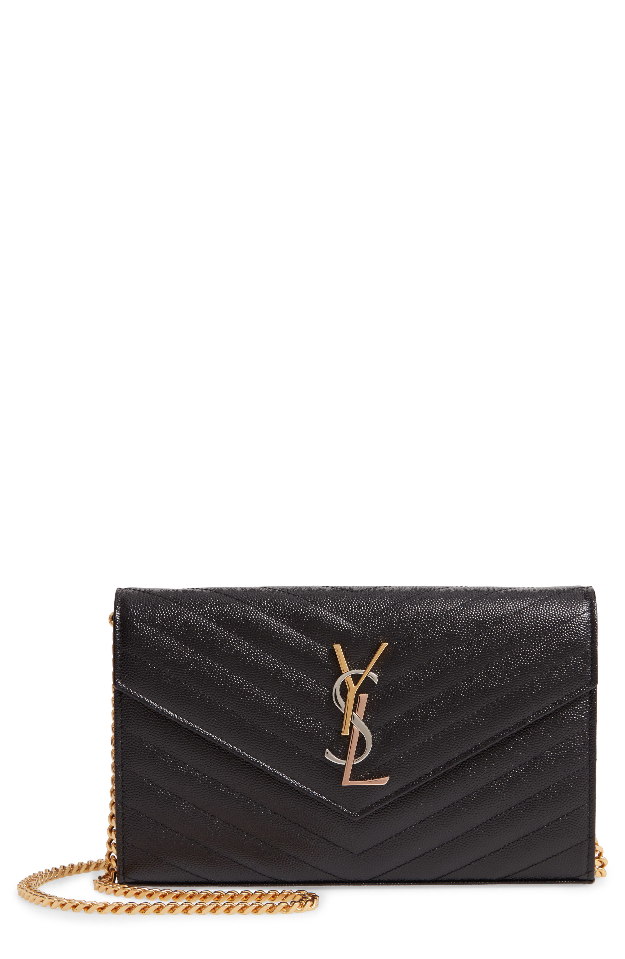 Saint Laurent Monogram Pebbled Leather Wallet on a Chain, Main, color, 