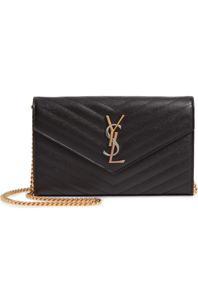 Saint Laurent Monogram Pebbled Leather Wallet on a Chain, Main, color, Noir