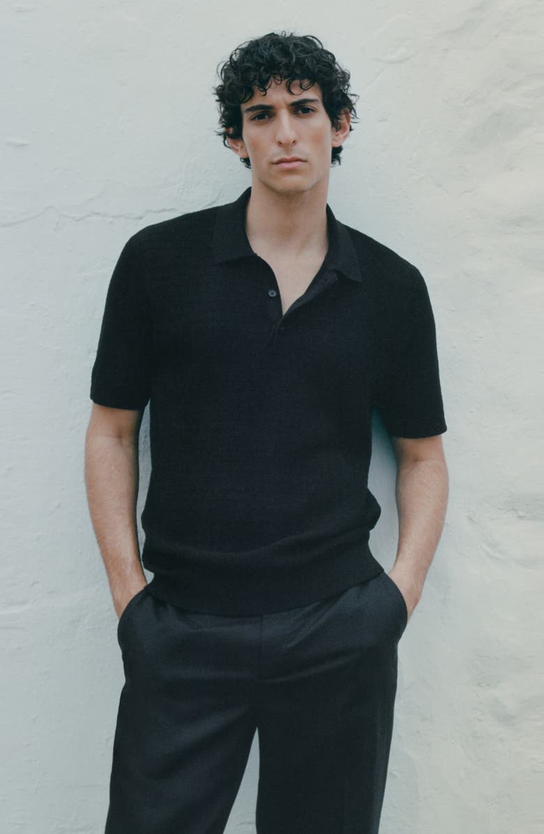 MANGO Textured Cotton Blend Polo, Alternate, color, Black