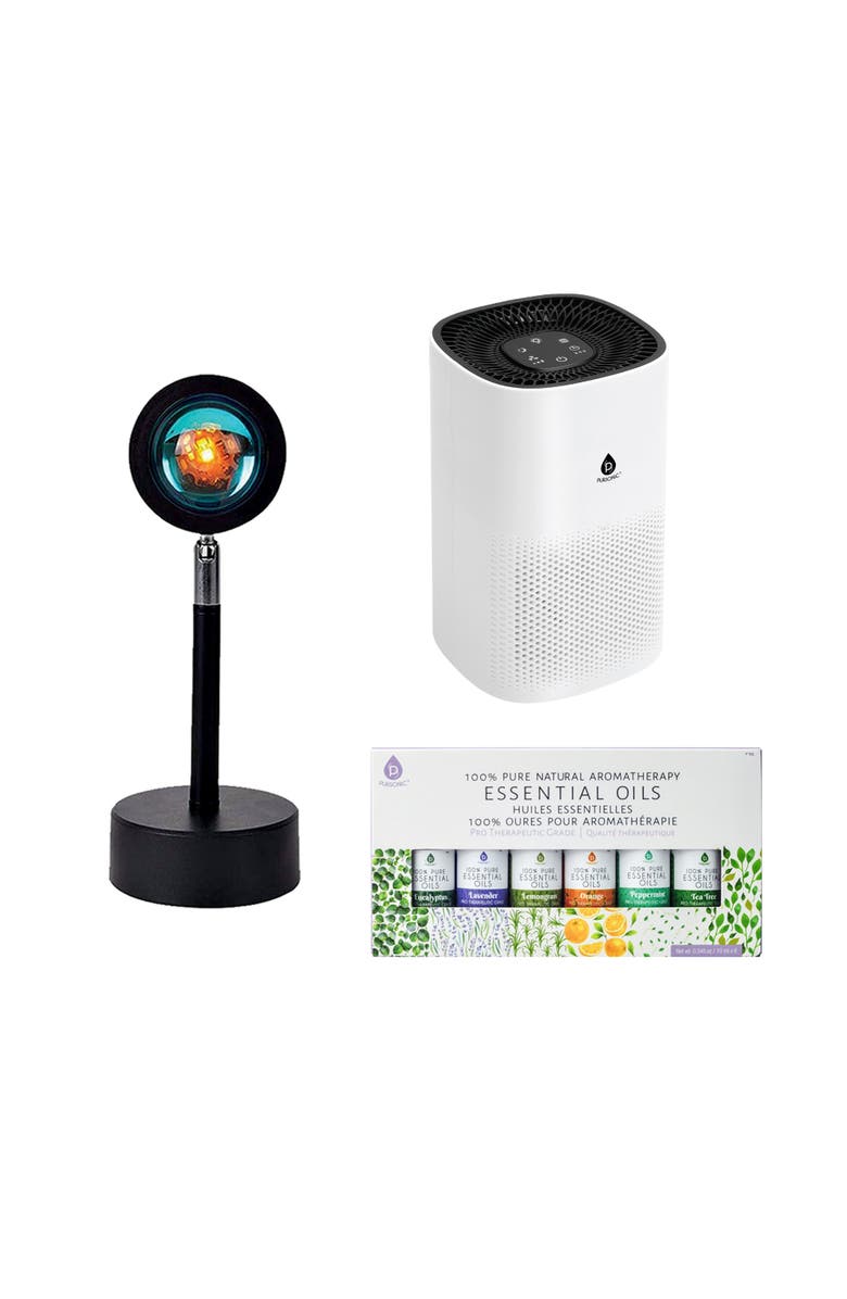 PURSONIC Home Wellness Bundle - True HEPA Air Purifier, Sunset Projector Lamp & 6-Pack Essential Oils, Main, color, White