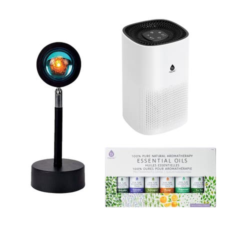 Home Wellness Bundle - True HEPA Air Purifier, Sunset Projector Lamp & 6-Pack Essential Oils