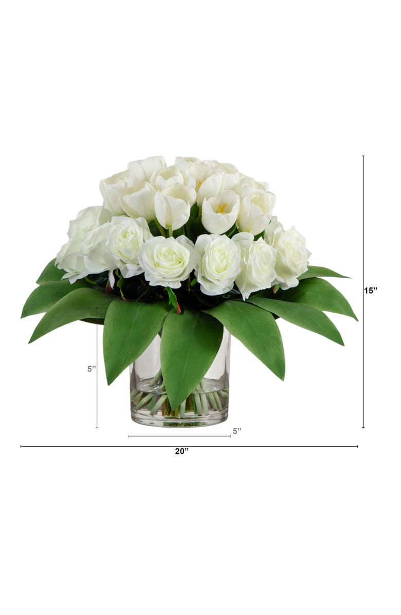 NEARLY NATURAL Wedding Collection 20-in Artificial Roses and Tulips Arrangement in Glass Vase, Alternate, color, Green/White