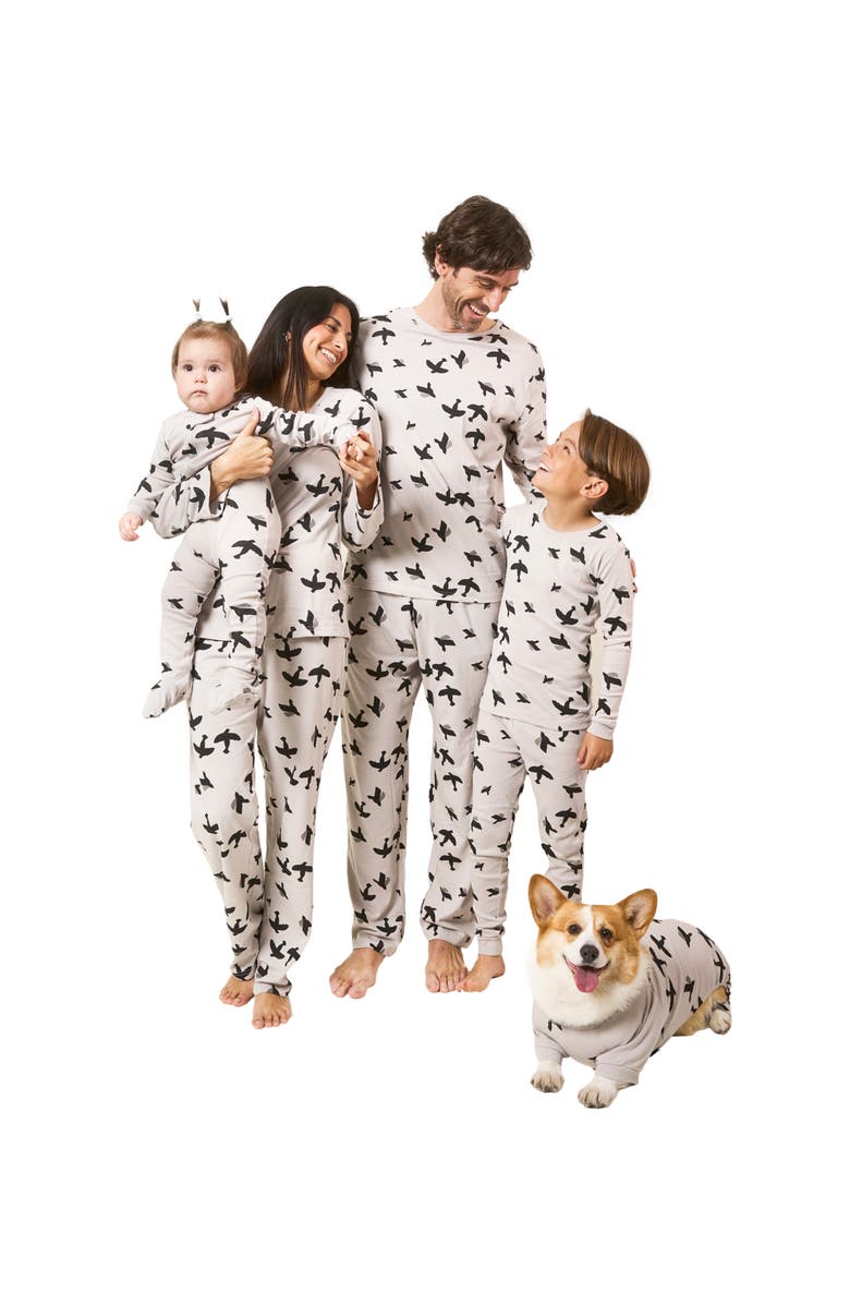 Leveret Footed Cotton Matching Family Pajamas, Nature & Water Prints, Alternate, color, Bird Gray