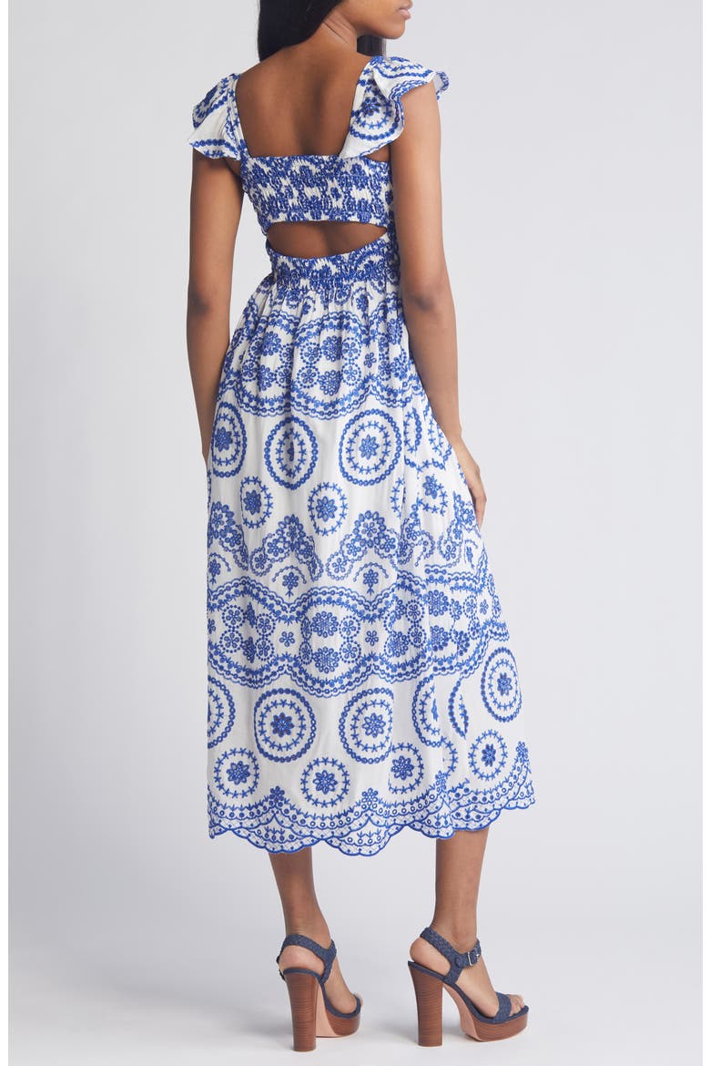 Embroidered Eyelet Smocked Sleeveless Maxi Sundress, Alternate, color, IVORY- BLUE