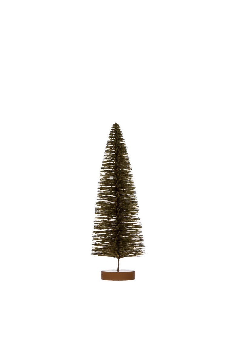 Flocked Plastic Bottle Brush Tree with Wood Base, Green, Main, color, Green