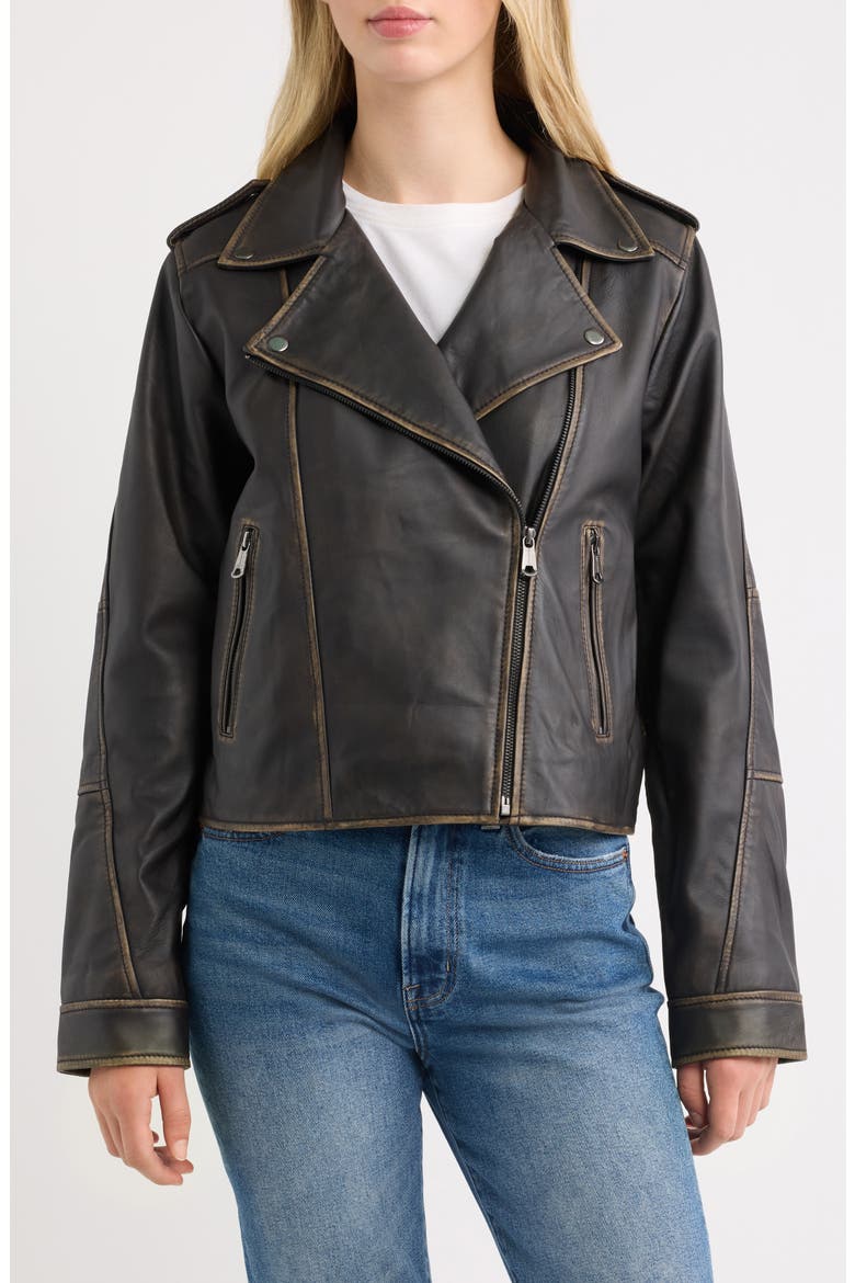 Burnished Leather Moto Jacket, Alternate, color, DK BROWN