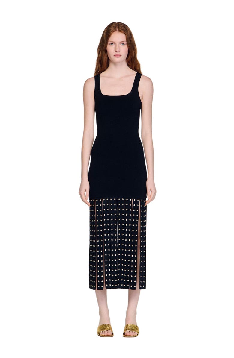 SANDRO Fringed knit maxi dress, Alternate, color, Black