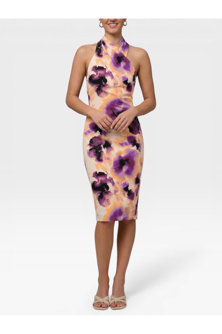 Harland Crossover Halter Midi Dress, Main, color, Purple Flower Bomb