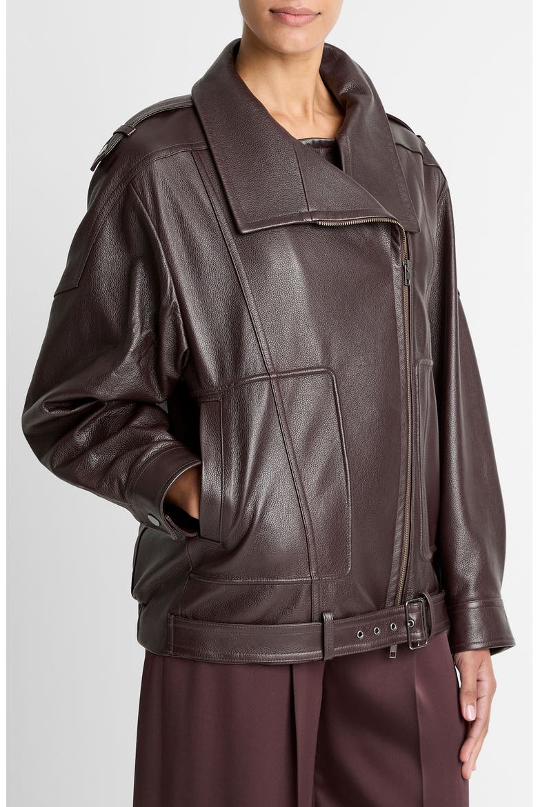 Oversize Leather Biker Jacket, Alternate, color, DARK FIG