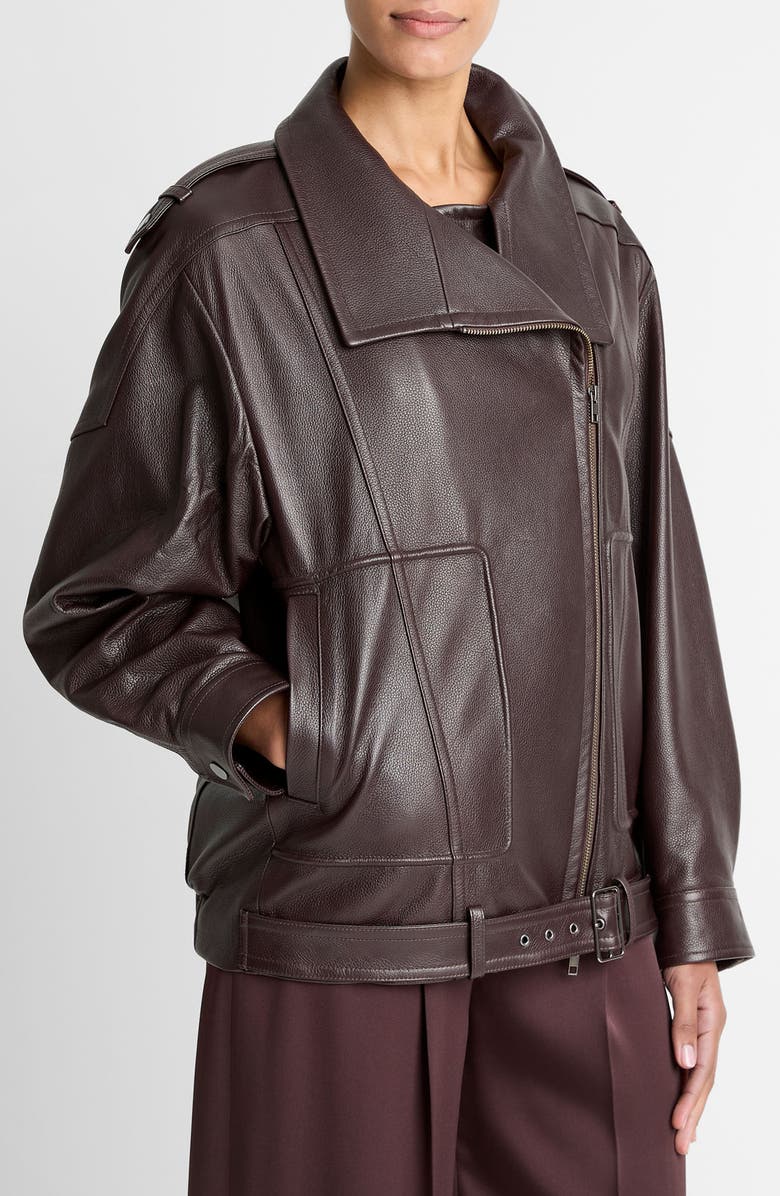 Vince Oversize Leather Biker Jacket, Alternate, color, Dark Fig