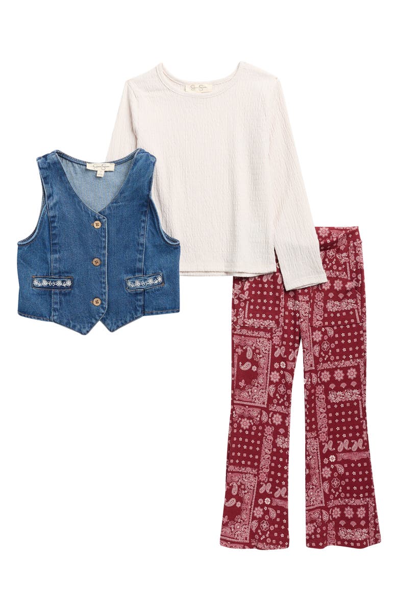 Jessica Simpson Vest, Long Sleeve Top & Leggings, Main, color, Medium Light Wash