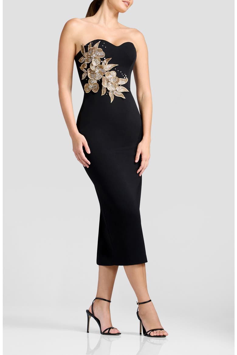 Shailene Appliqué Sweetheart Midi Dress, Alternate, color, BLACK MULTI