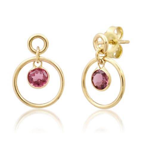 Tiny 14K Double Circle Studs with Dangling ROUND Gemstone