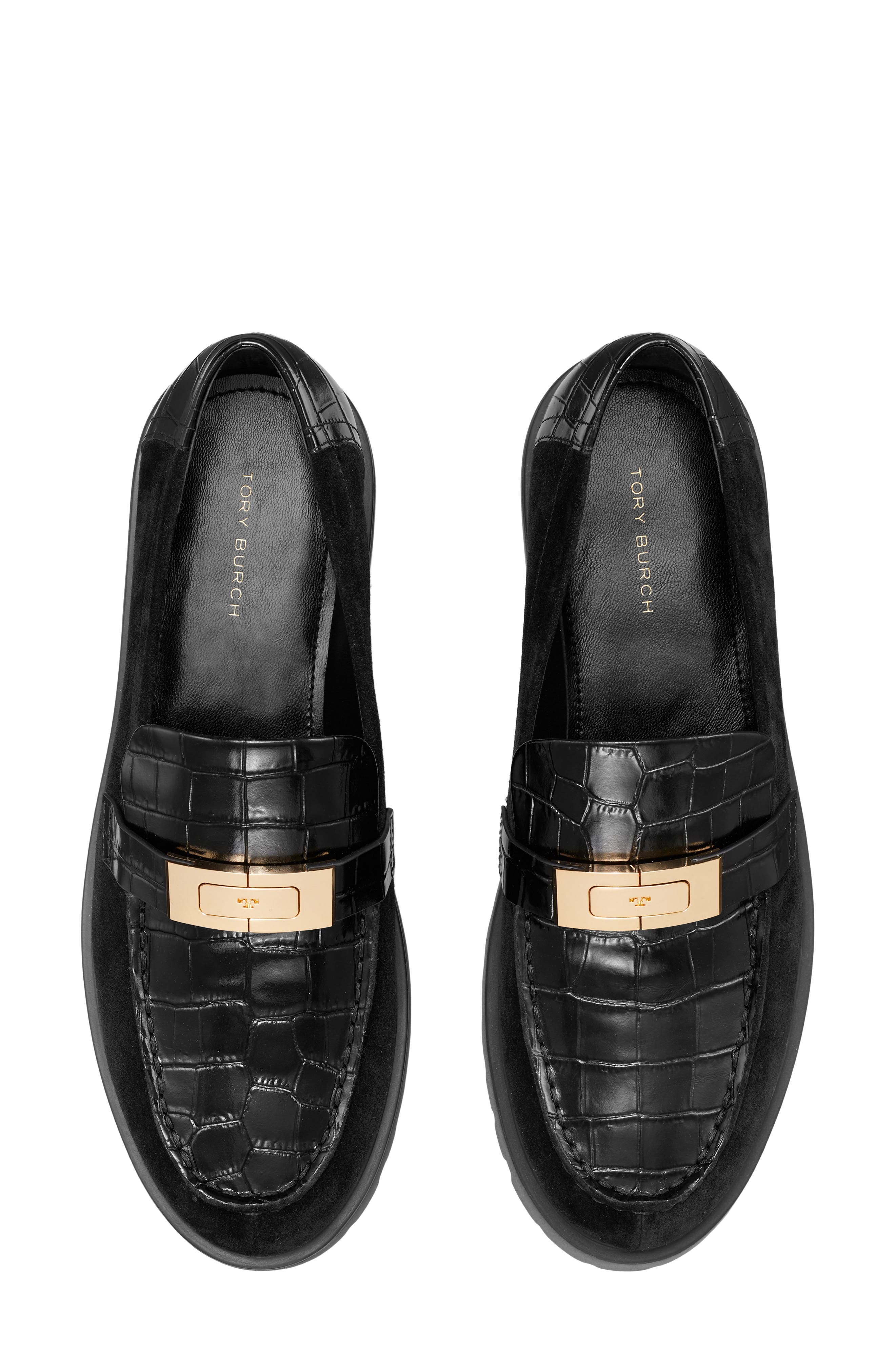Leelee Croc Embossed Lug Loafer, Alternate, color, PERFECT BLACK / GOLD