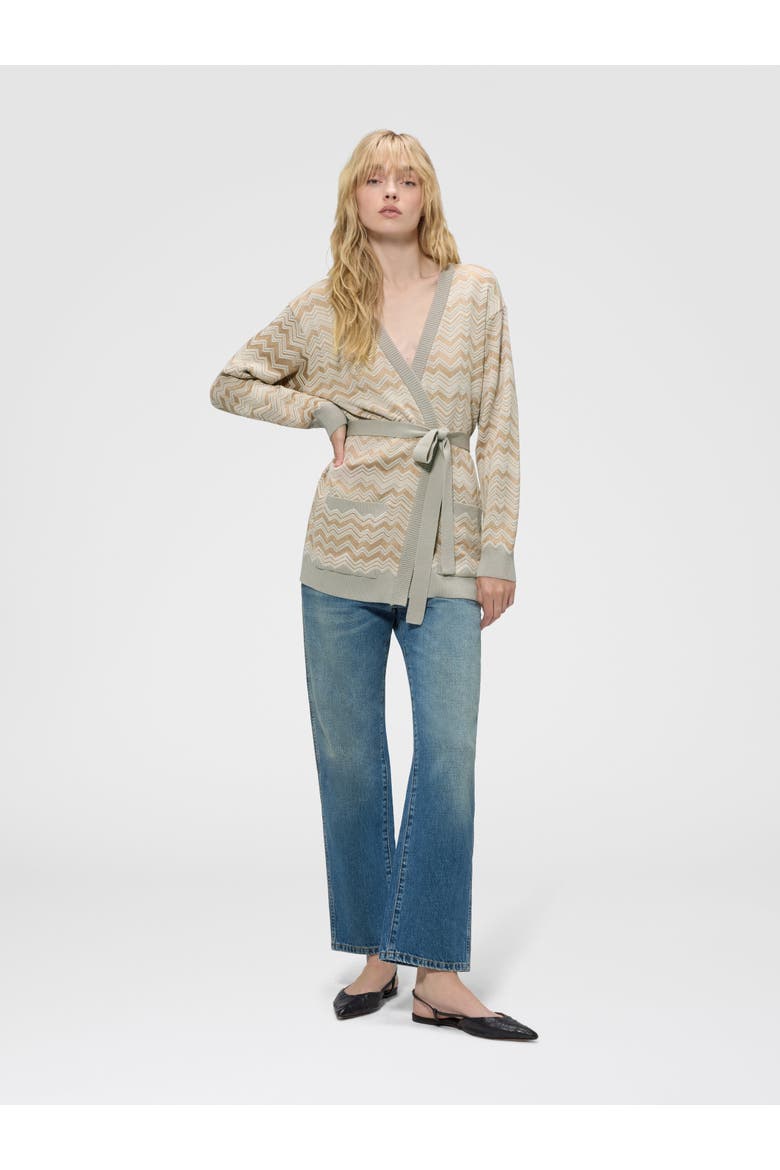 Zig Zag Viscose And Wool Cardigan With Belt, Alternate, color, Beige