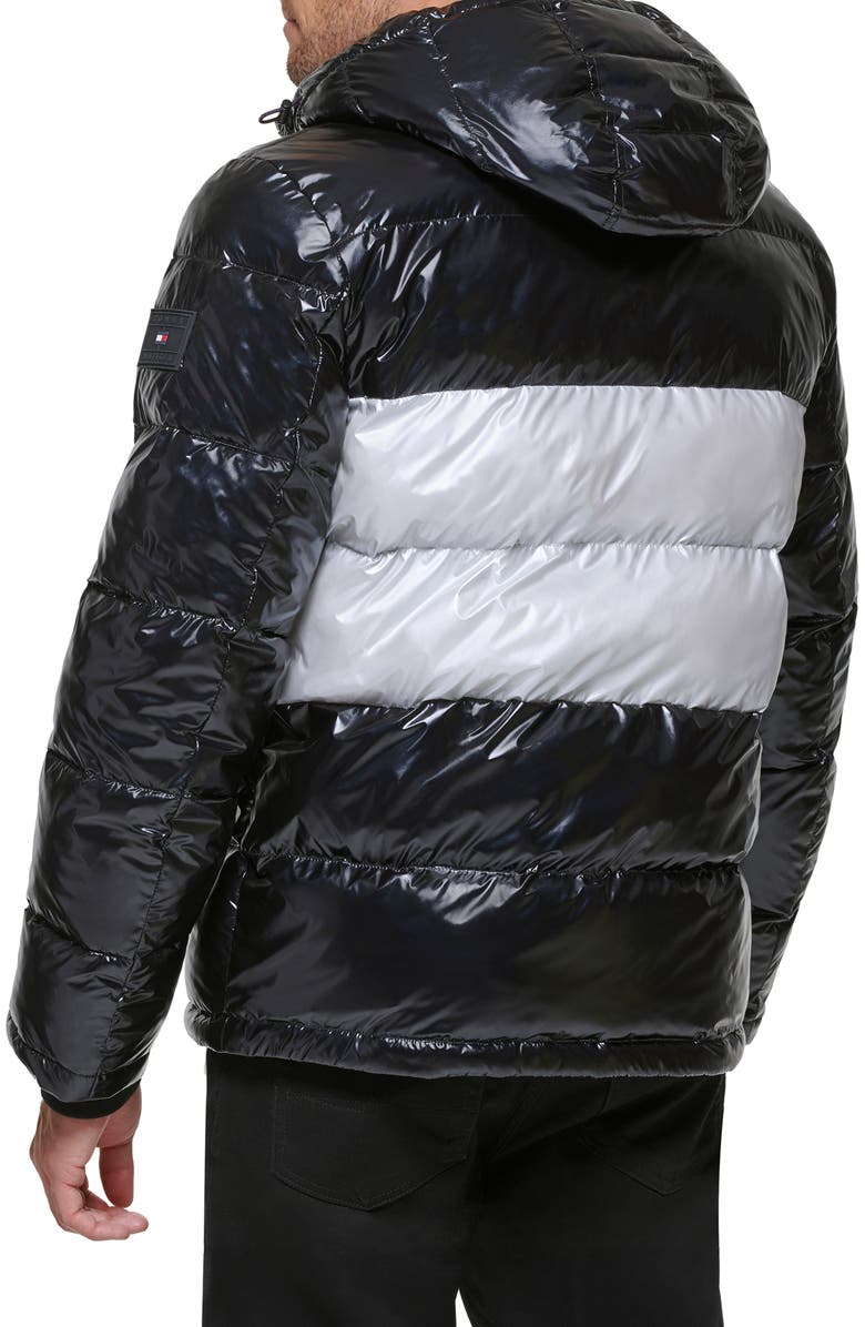 Tommy Hilfiger Quilted Puffer Hooded Mid Length Jacket, Alternate, color, Black/Silver