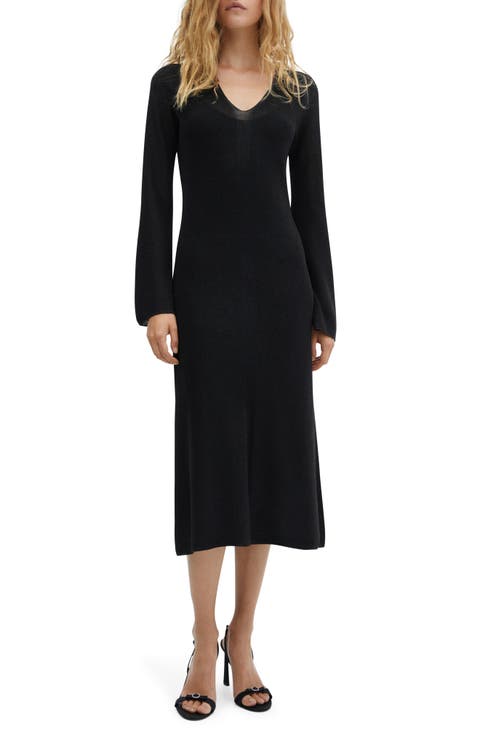 Metallic V-Neck Long Sleeve Midi Sweater Dress