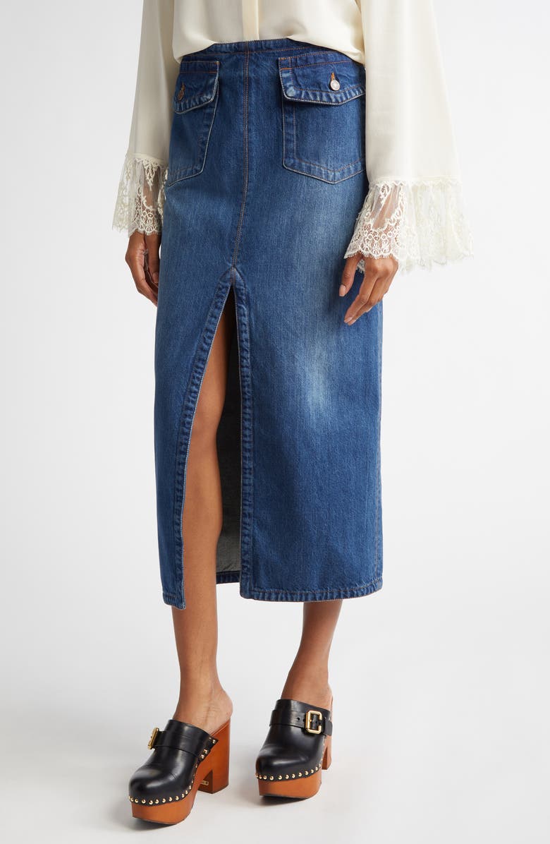 Chloé Front Slit Denim Midi Skirt, Alternate, color, 