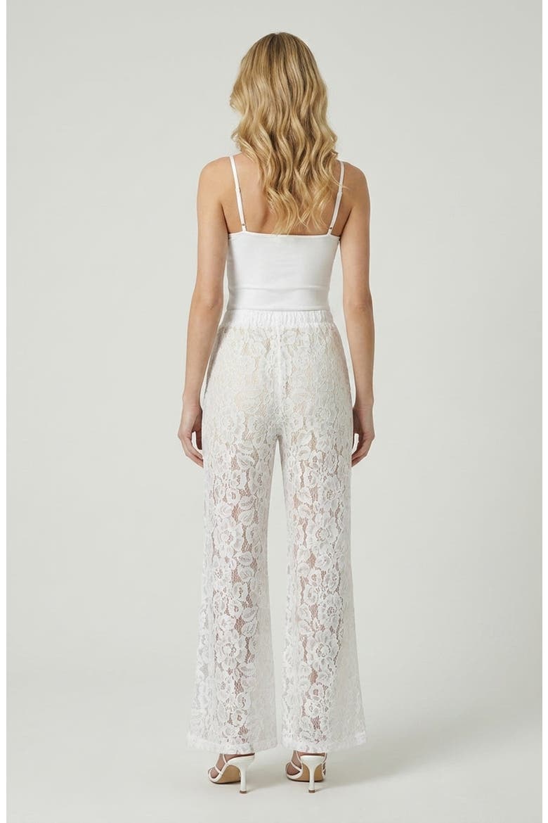 High Waist Lace Pants with Sheer Floral Overlay and Drawstring Waist, Alternate, color, White