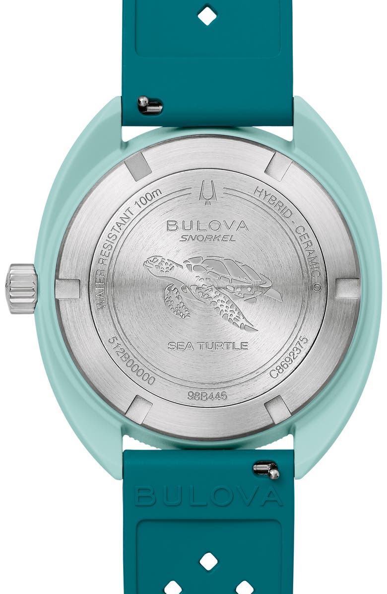 BULOVA Snorkel Sea Turtle Rubber Strap Watch, 41mm, Alternate, color, Green