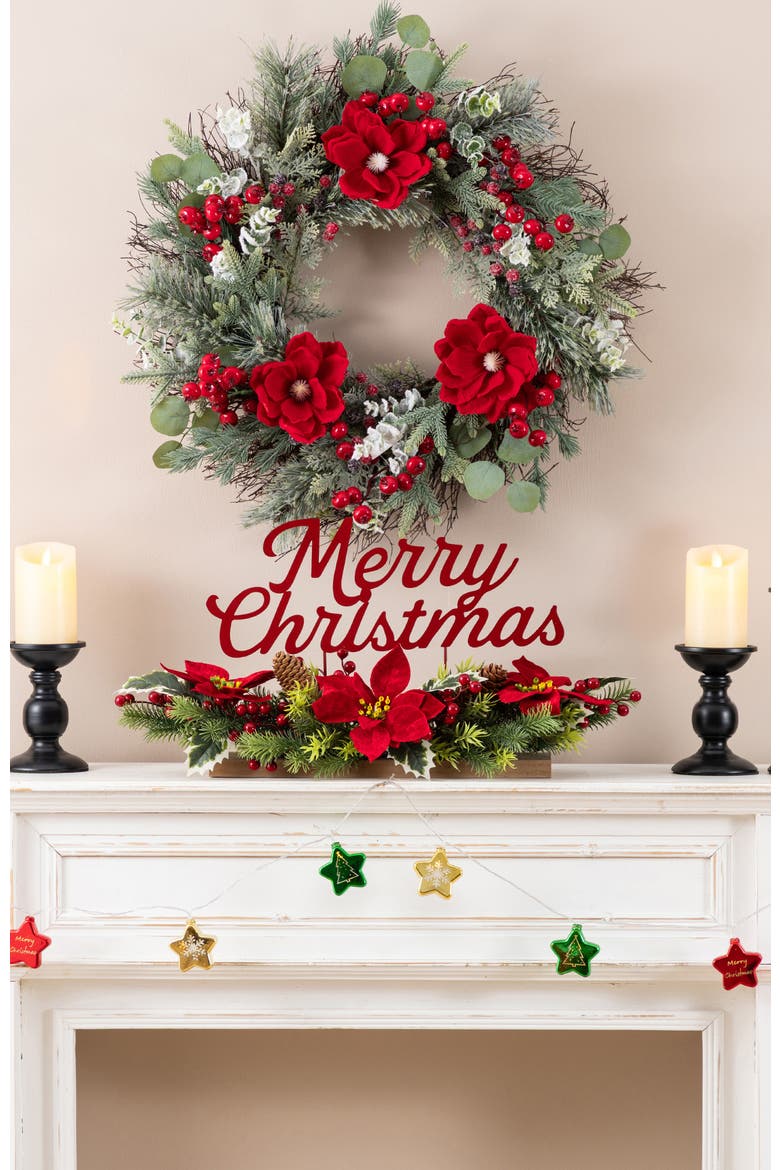 24"L Metal Merry Christmas Poinsettia Table Centerpiece, Alternate, color, Red