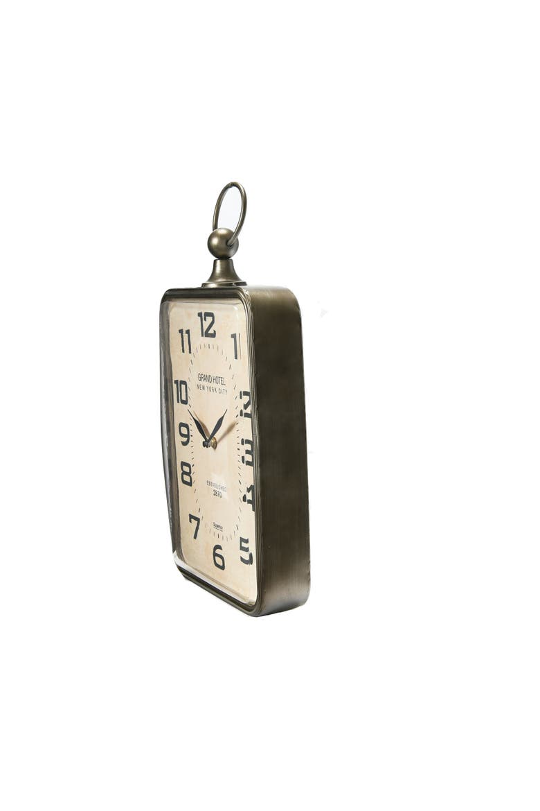 Rectangle Metal Hanging Wall Clock with Handle, Antiqued Gold, Alternate, color, Gold