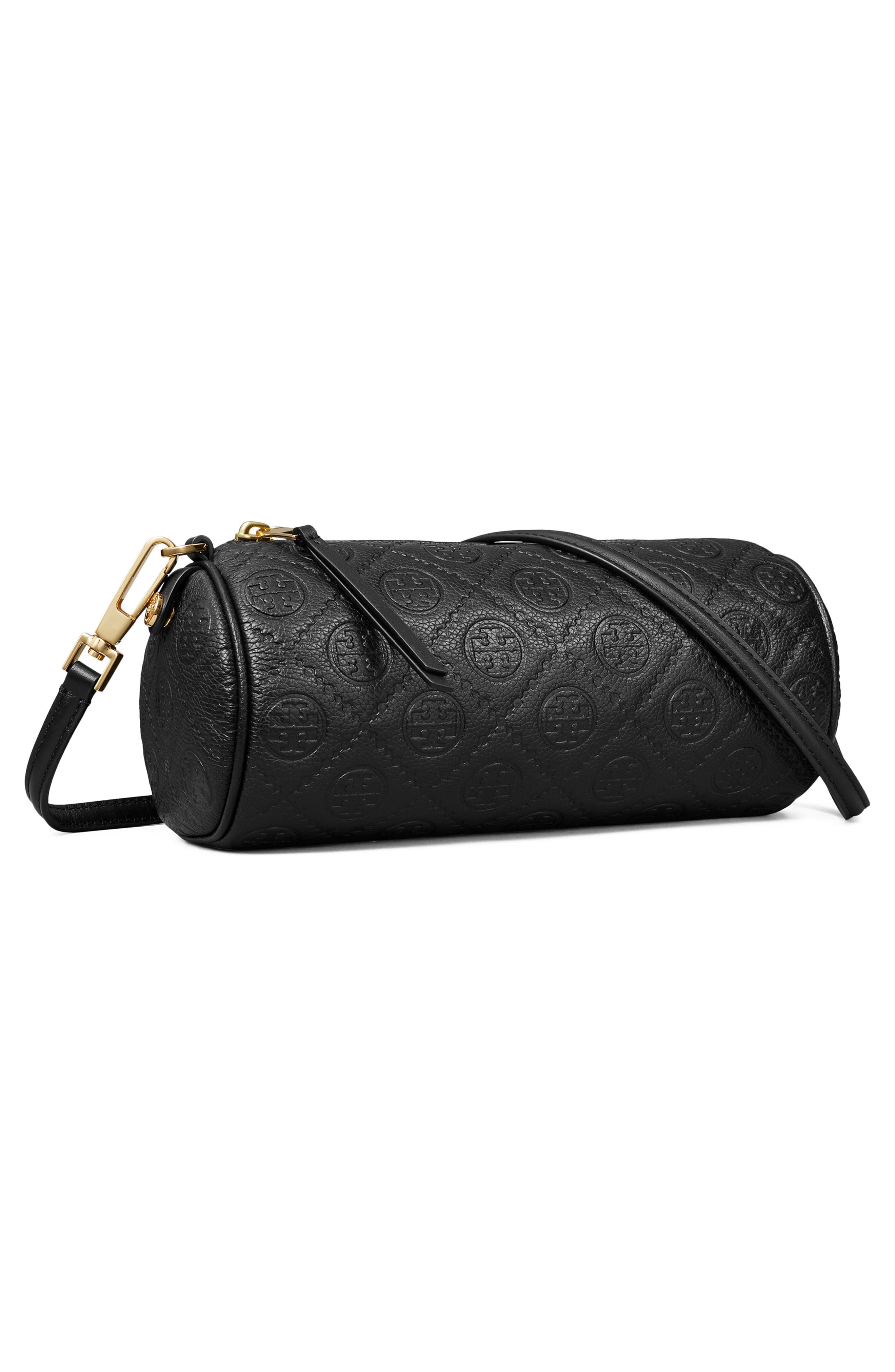 Tory Burch T Monogram Pebble Leather Cylinder Shoulder Bag, Alternate, color, Black