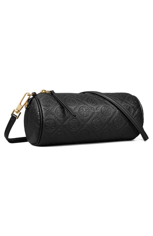 Tory Burch T Monogram Pebble Leather Cylinder Shoulder Bag In Black