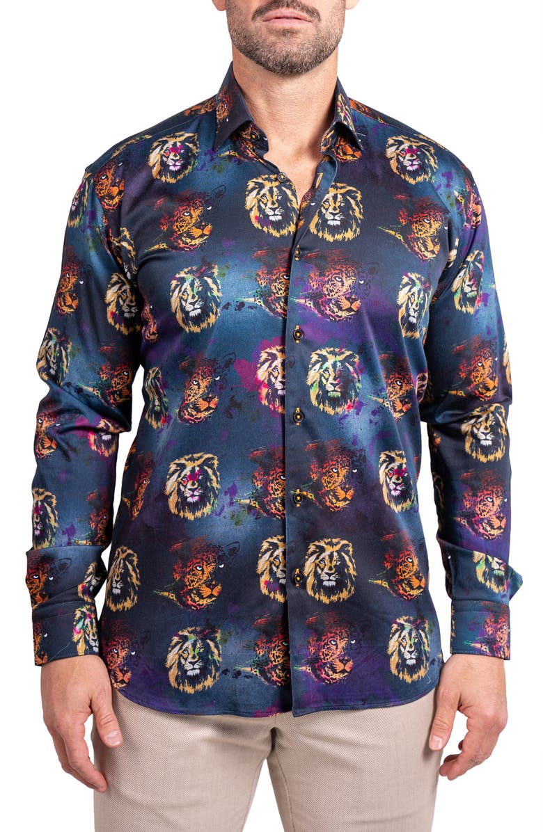 Maceoo Fibonacci Ascension 0234 Lion Print Contemporary Fit Button-Up Shirt, Main, color, Black