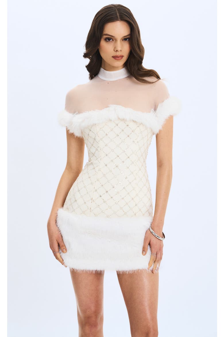 Taylor Faux Fur Trimmed Beaded Bouclé Mini Dress, Main, color, Ivory White