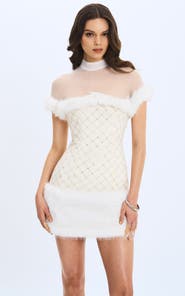 Miss Circle Taylor Faux Fur Trimmed Beaded Bouclé Mini Dress