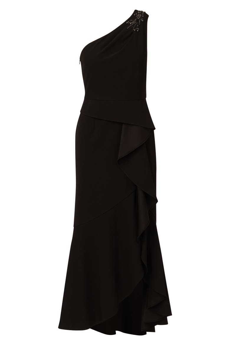 Beaded One-Shoulder Crepe Gown, Alternate, color, BLACK