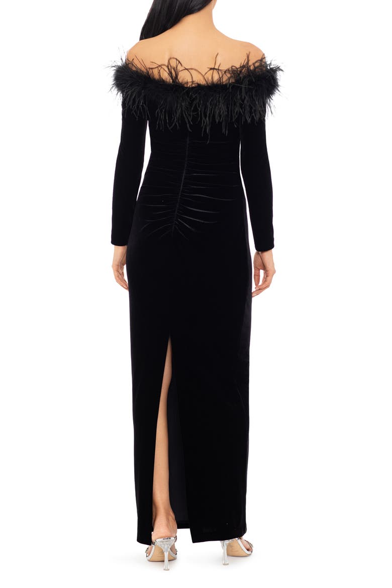 Feather Trim Off the Shoulder Long Sleeve Scuba Maxi Dress, Alternate, color, BLACK