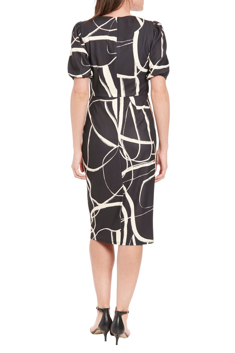 Print Side Tie Puff Sleeve Dress, Alternate, color, BLACK/ CREAM