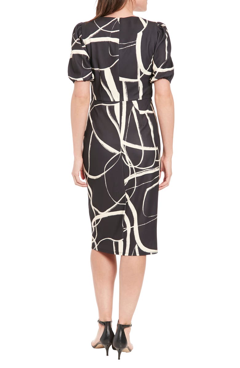 London Times Print Side Tie Puff Sleeve Dress, Alternate, color, Black/ Cream