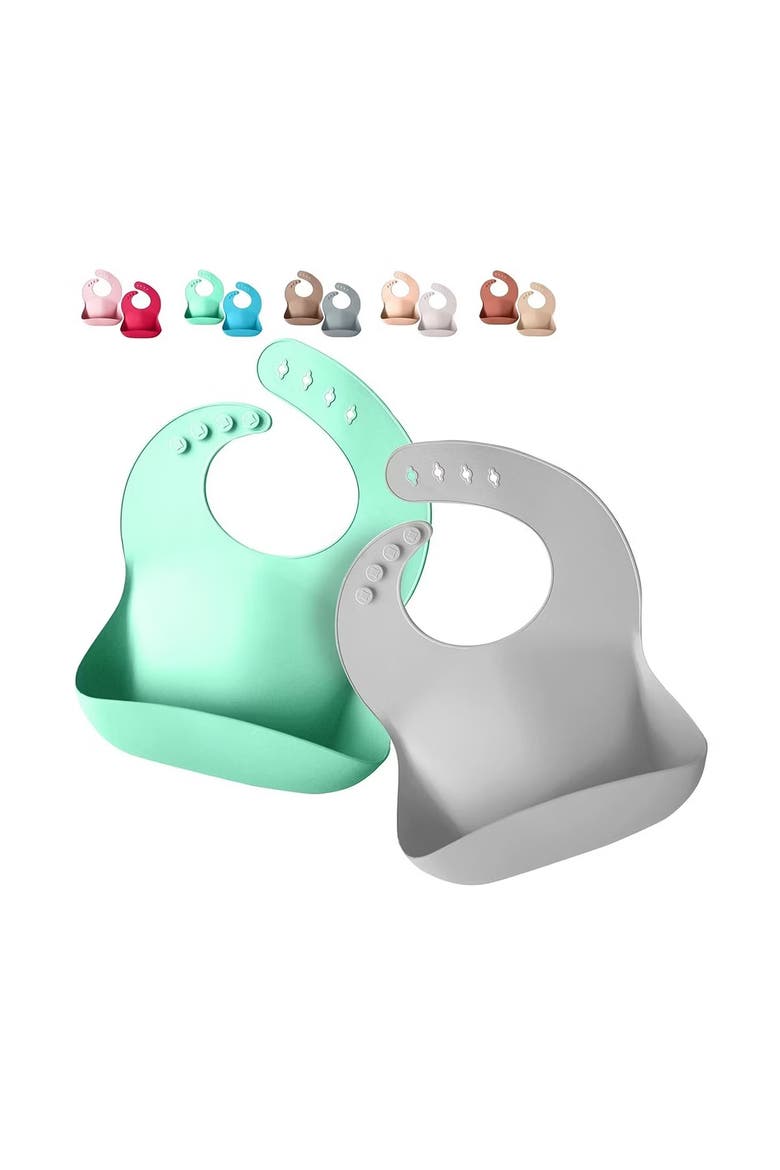 Silicone Baby Bib Set Waterproof Adjustable Food Catcher 2 Piece, Main, color, Light Blue & Cool Gray