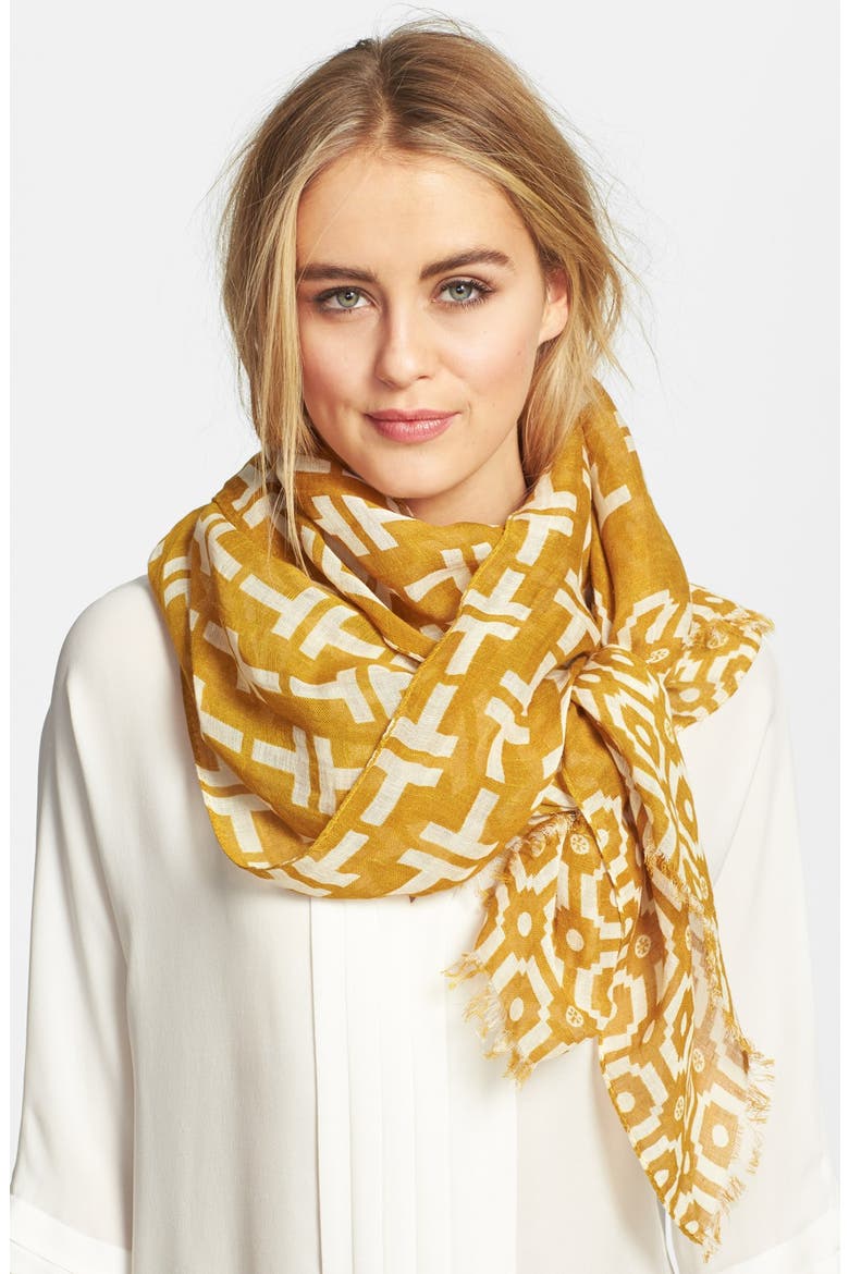'Fret Tile' Linen Blend Scarf, Main, color, OAT