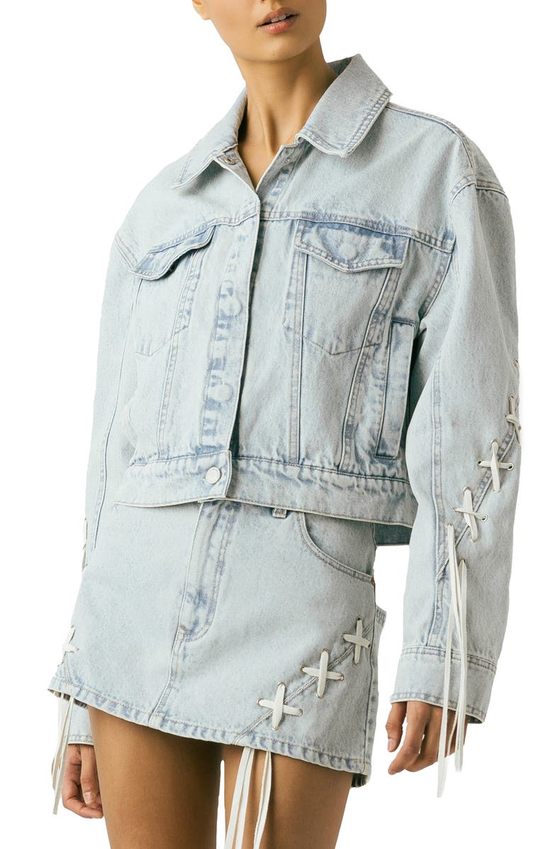 BLANKNYC Tie Breaker Oversize Lace-Up Denim Trucker Jacket, Alternate, color, 