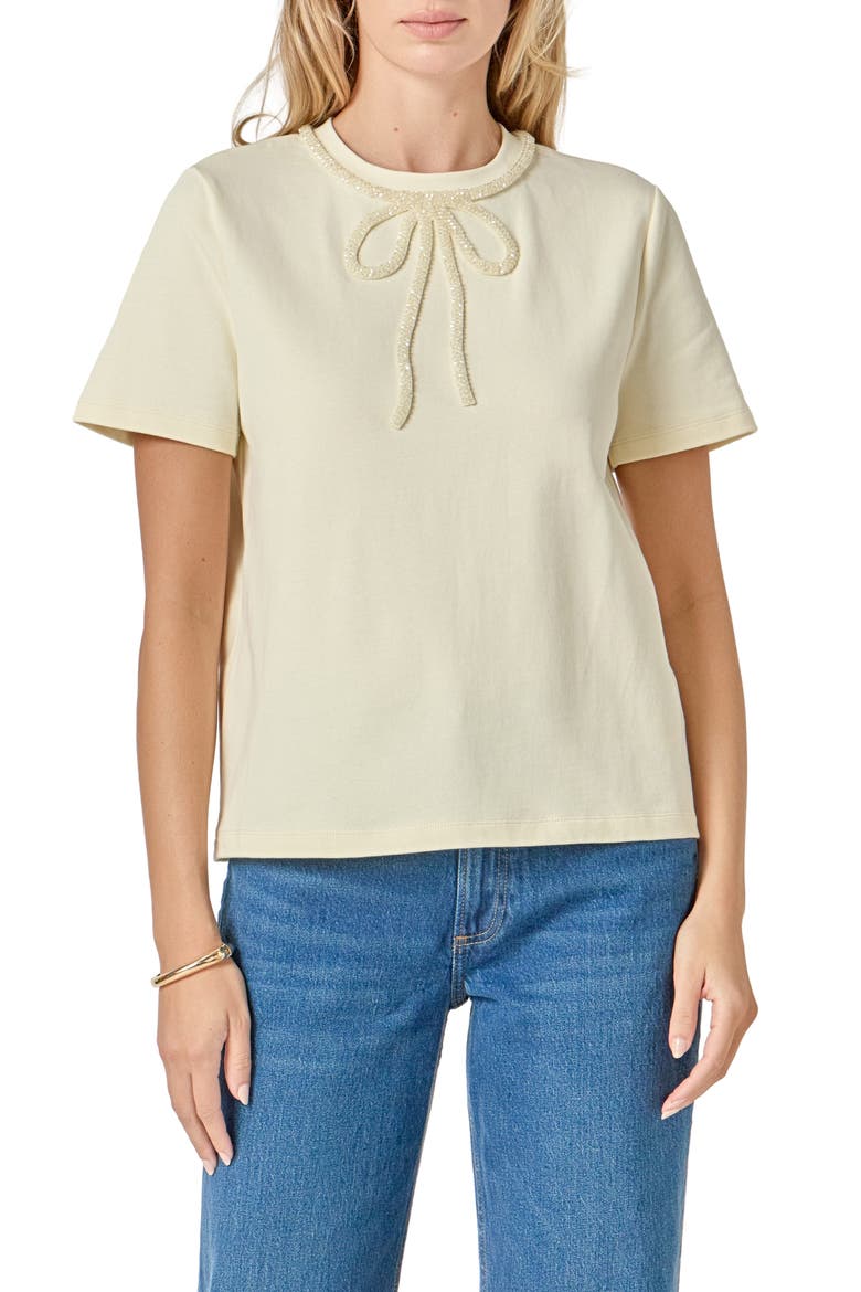 Beaded Bow Cotton T-Shirt, Main, color, CREAM