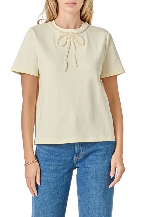 Beaded Bow Cotton T-Shirt