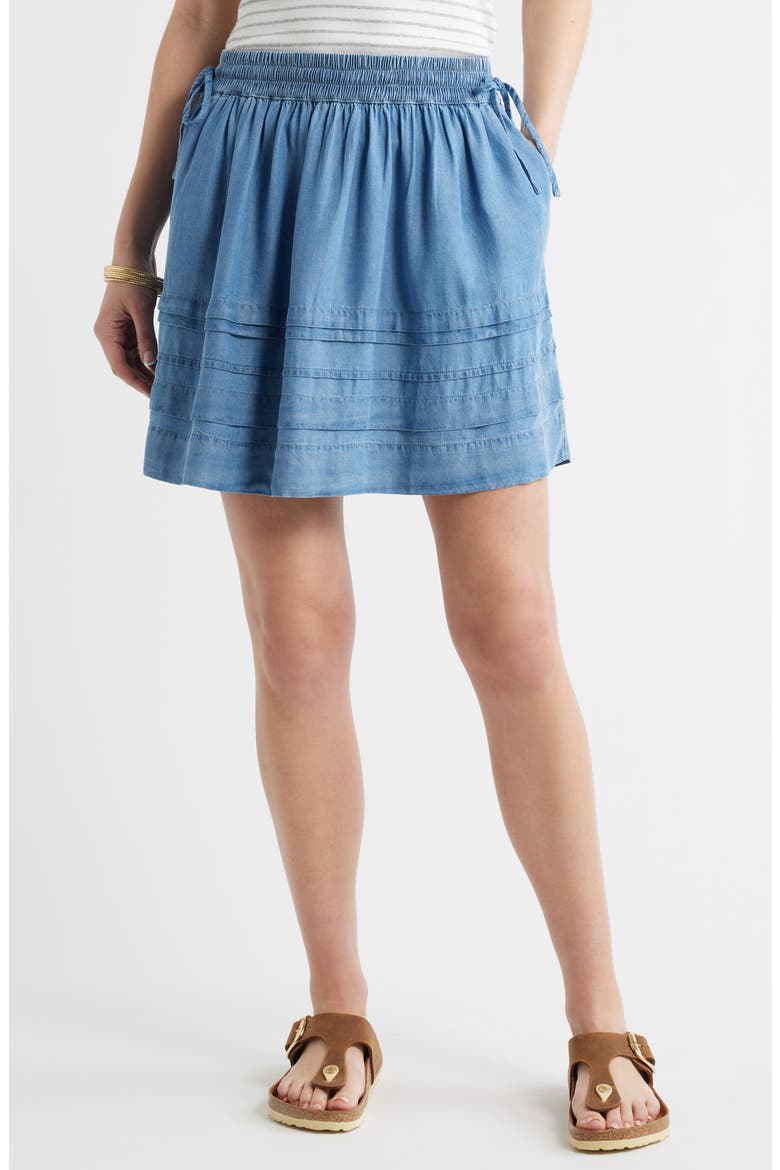 Chambray Tiered Miniskirt, Main, color, MEDIUM WASH