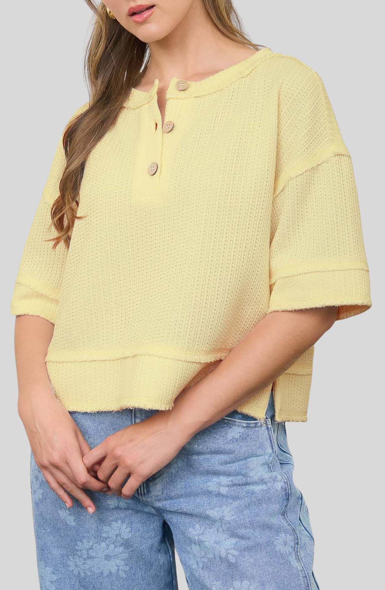 Elbow Length Waffle Knit Henley Top - image 3