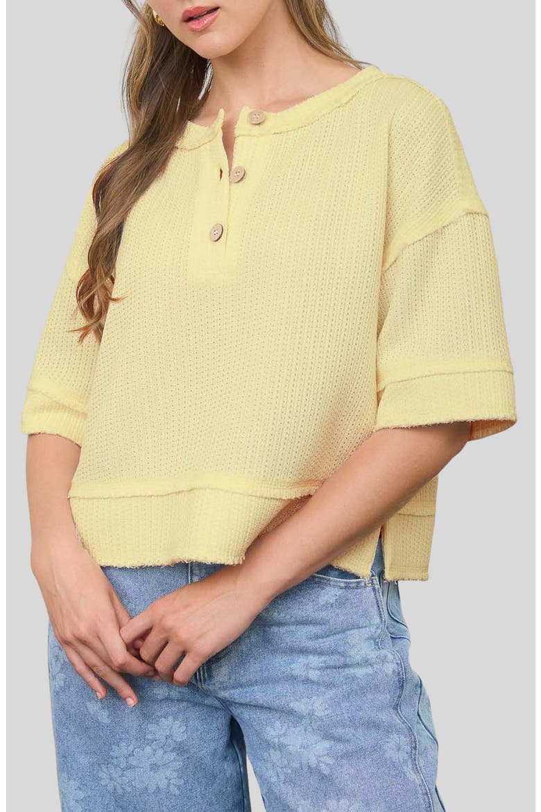 Elbow Length Waffle Knit Henley Top, Main, color, LIGHT YELLOW