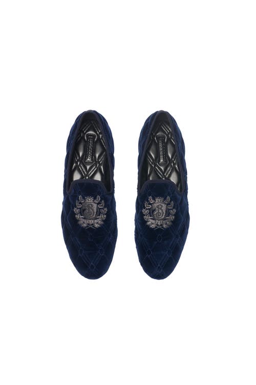 Burberry Velvet Quilted Estate Slippers In Blue
