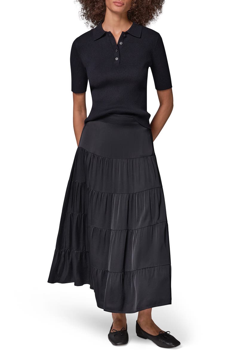 Satin Tiered Midi Skirt, Alternate, color, BLACK