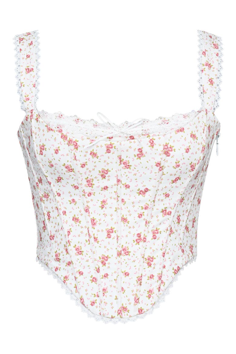 Adina Floral Lace Trim Stretch Cotton Corset Top, Alternate, color, WHITE ROSE