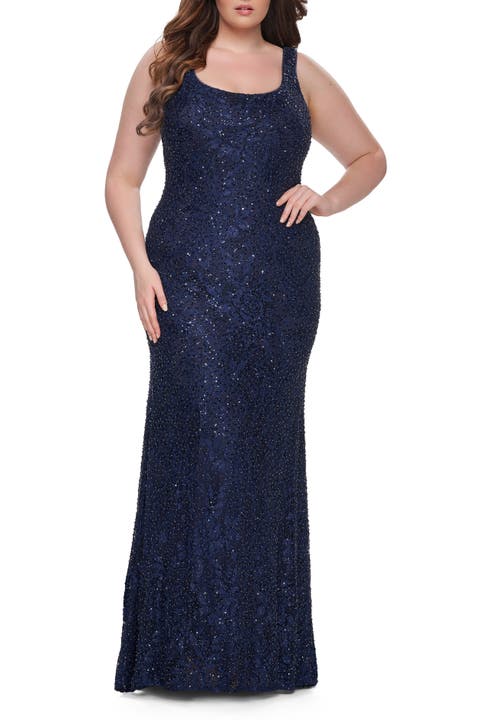 Beaded Lace Plus Size Fitted Dress with Square Neckline